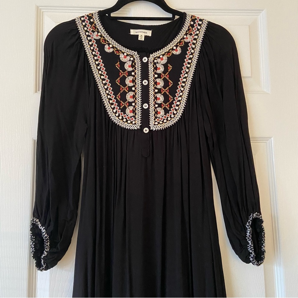 Max Studio Black Maxi Tiered Dress w/ Embroidered Bib.